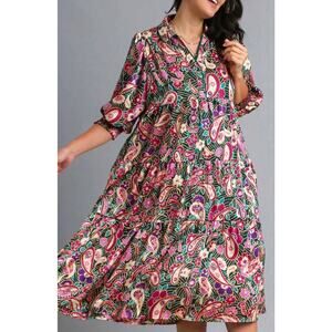 Umgee Paisley Floral Puff Sleeve Satin Tiered Midi Dress sz Medium NWT